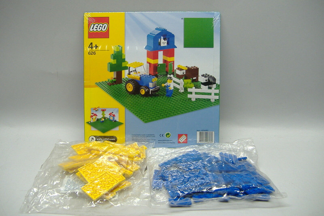 Lego 626  Bauplatte grün 25,5 x 25,5 cm + 84 Bauplatten gelb & blau Neu & Ovp