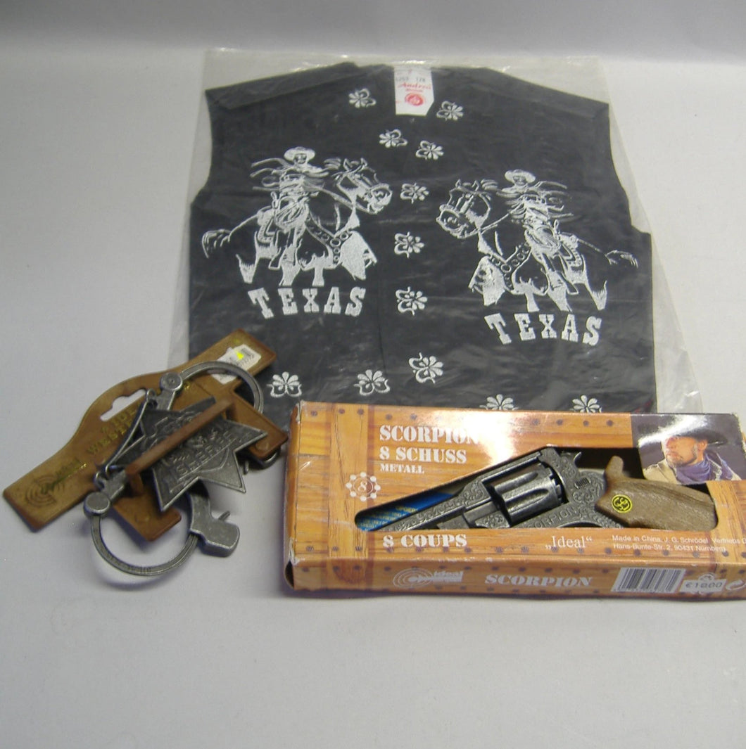 Fasching Kinder Cowboyweste schwarz Gr. 128 / Sheriffstern mit Handschellen/ Spielzeugpistole Scorpion antik Neu & OVP